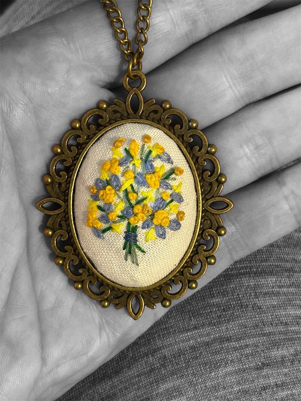 Handmade Yellow & Blue Embroidery Floral Bouquet Pendant Necklace Botanical